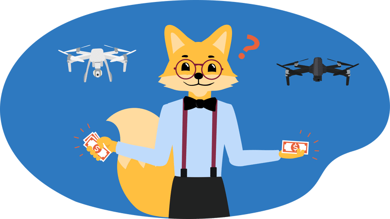 Der Smart Home Fox Experte steht zwischen zwei Drohnen und hält Geldscheine in der Hand.